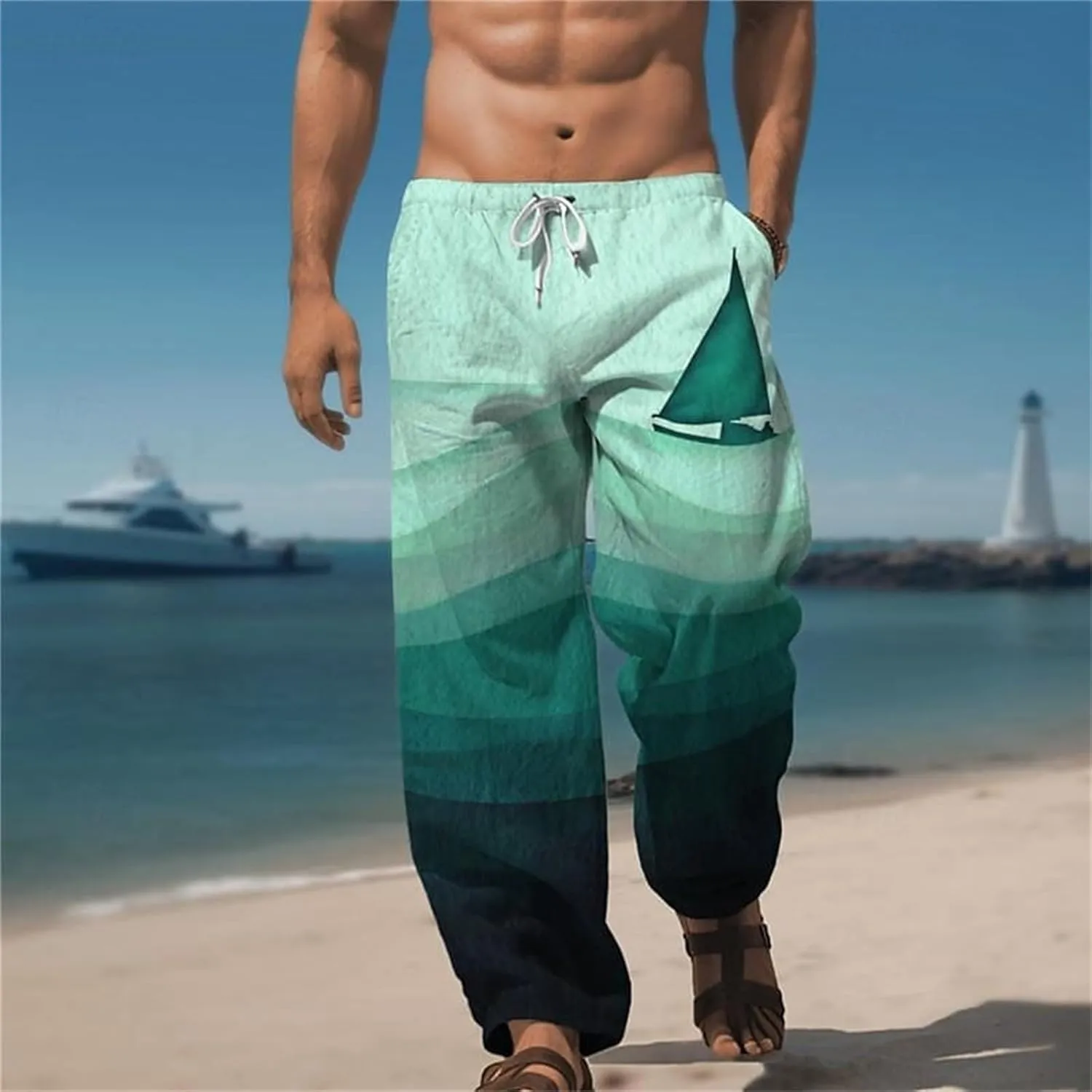 ZYXTIM Men's Linen Beach Trousers Plus Size Wide Leg Casual Summer Pants Elastic Waist Printed Lightweight Yoga Loungewear