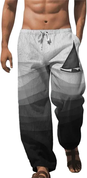 ZYXTIM Men's Linen Beach Trousers Plus Size Wide Leg Casual Summer Pants Elastic Waist Printed Lightweight Yoga Loungewear