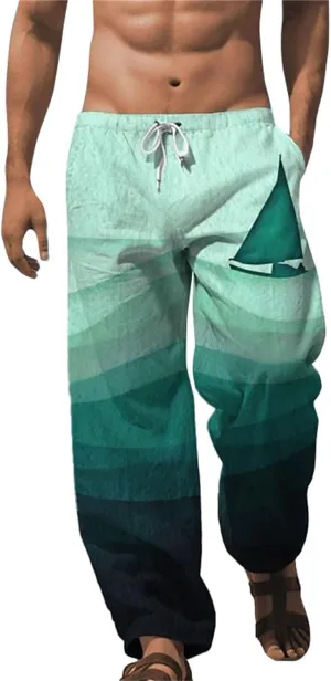 ZYXTIM Men's Linen Beach Trousers Plus Size Wide Leg Casual Summer Pants Elastic Waist Printed Lightweight Yoga Loungewear