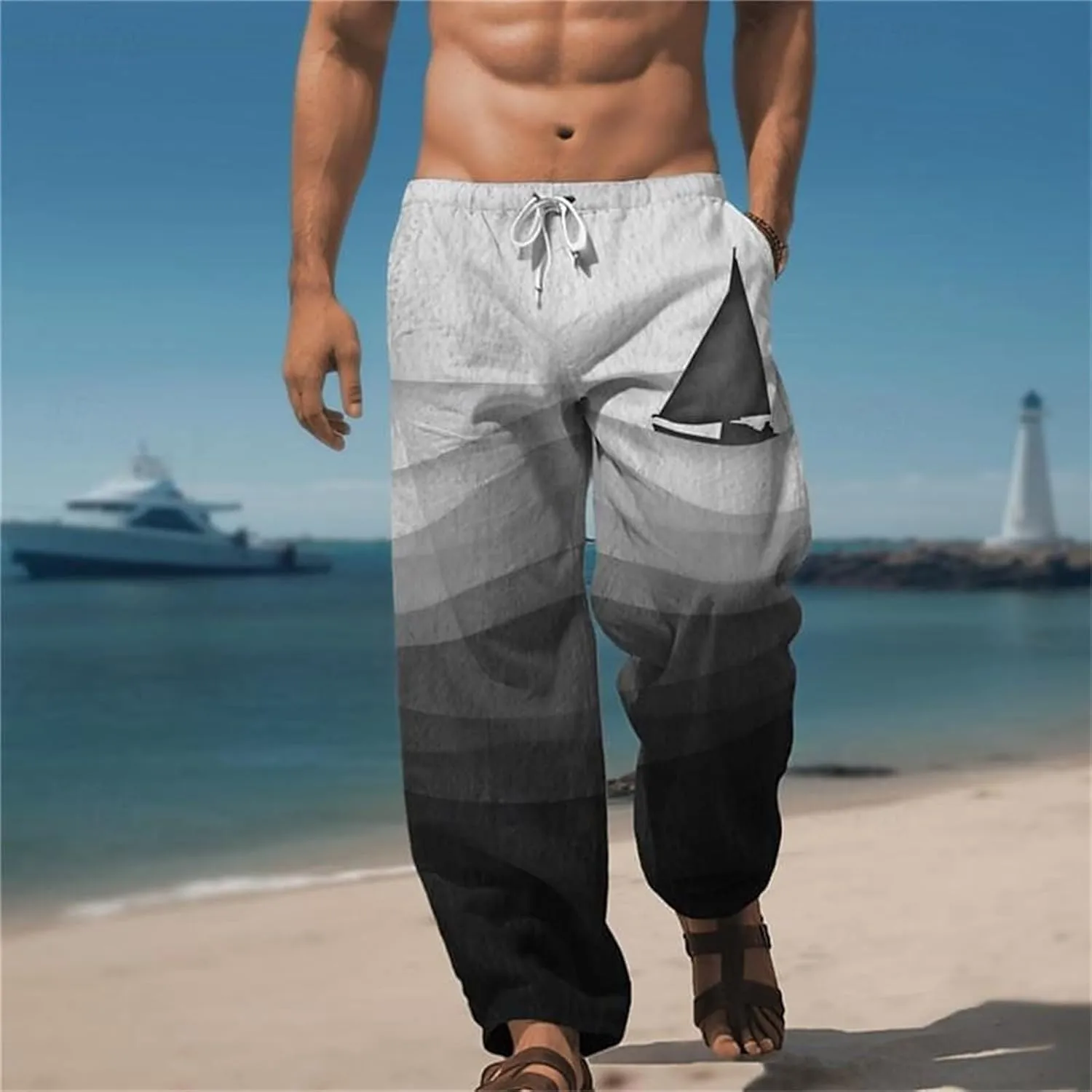 ZYXTIM Men's Linen Beach Trousers Plus Size Wide Leg Casual Summer Pants Elastic Waist Printed Lightweight Yoga Loungewear