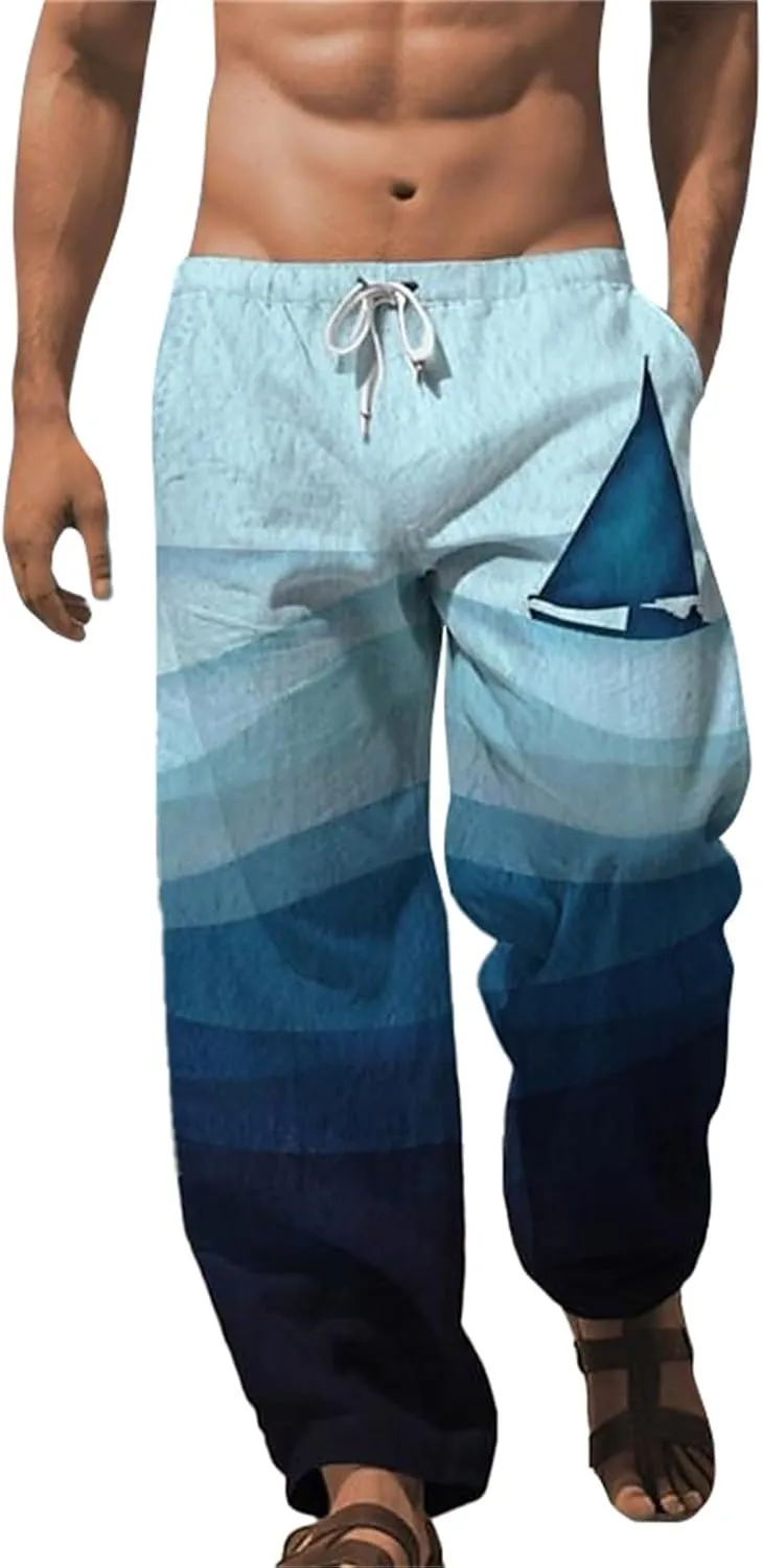 ZYXTIM Men's Linen Beach Trousers Plus Size Wide Leg Casual Summer Pants Elastic Waist Printed Lightweight Yoga Loungewear