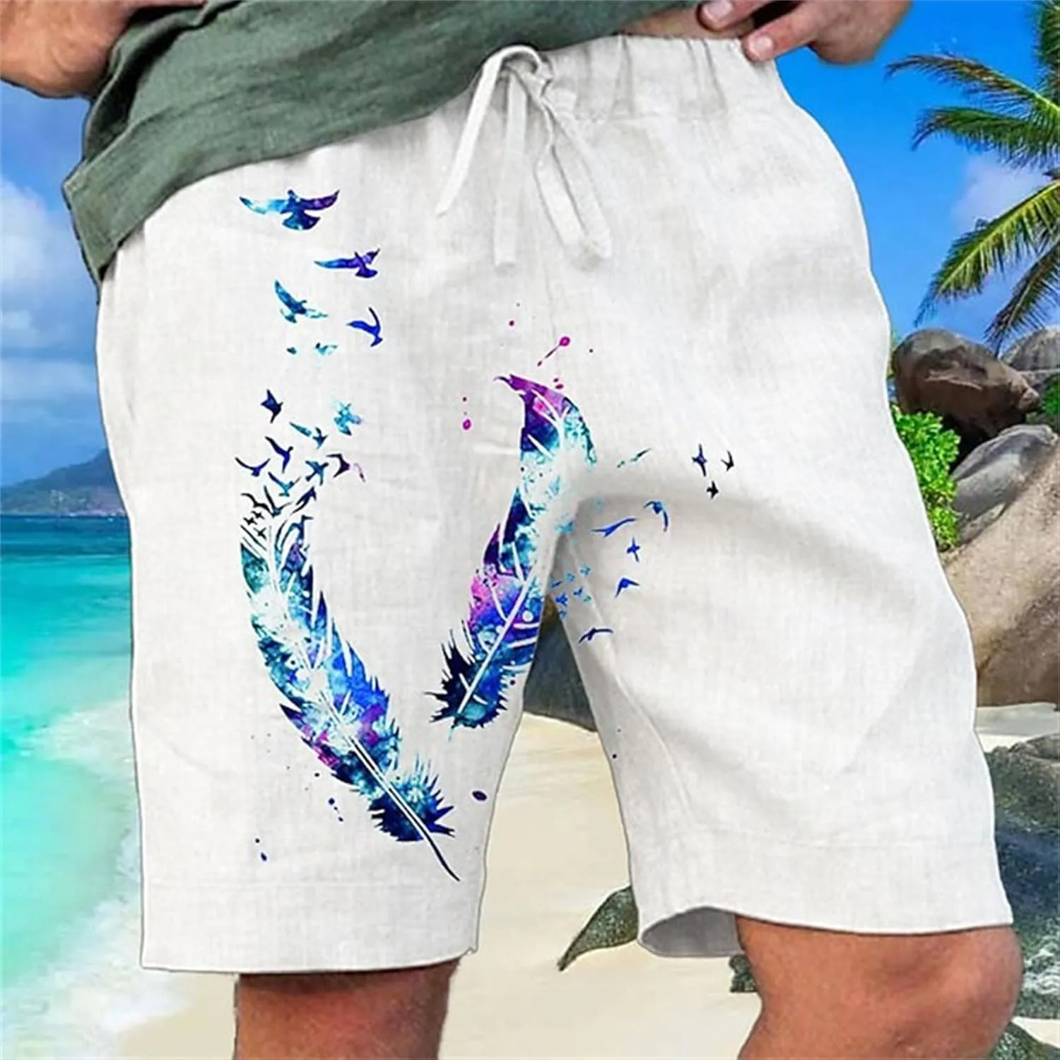 ZYXTIM Mens Linen Shorts 3D Print Holiday Beach Shorts Oversize Loose Fit Lightweight Casual Summer Boardshorts Loungewear